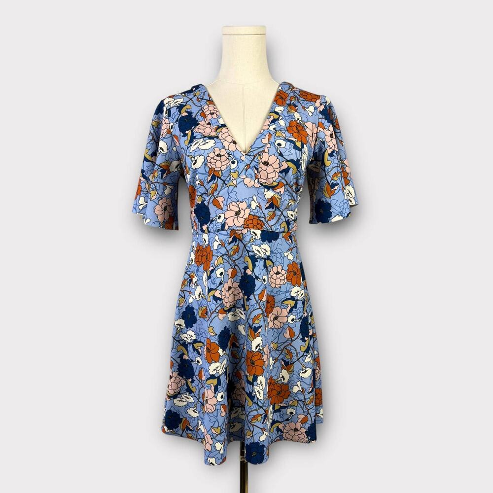 Zara 70's Retro Blue Floral Bell Sleeve Deep V-Neck Mini Dress Medium